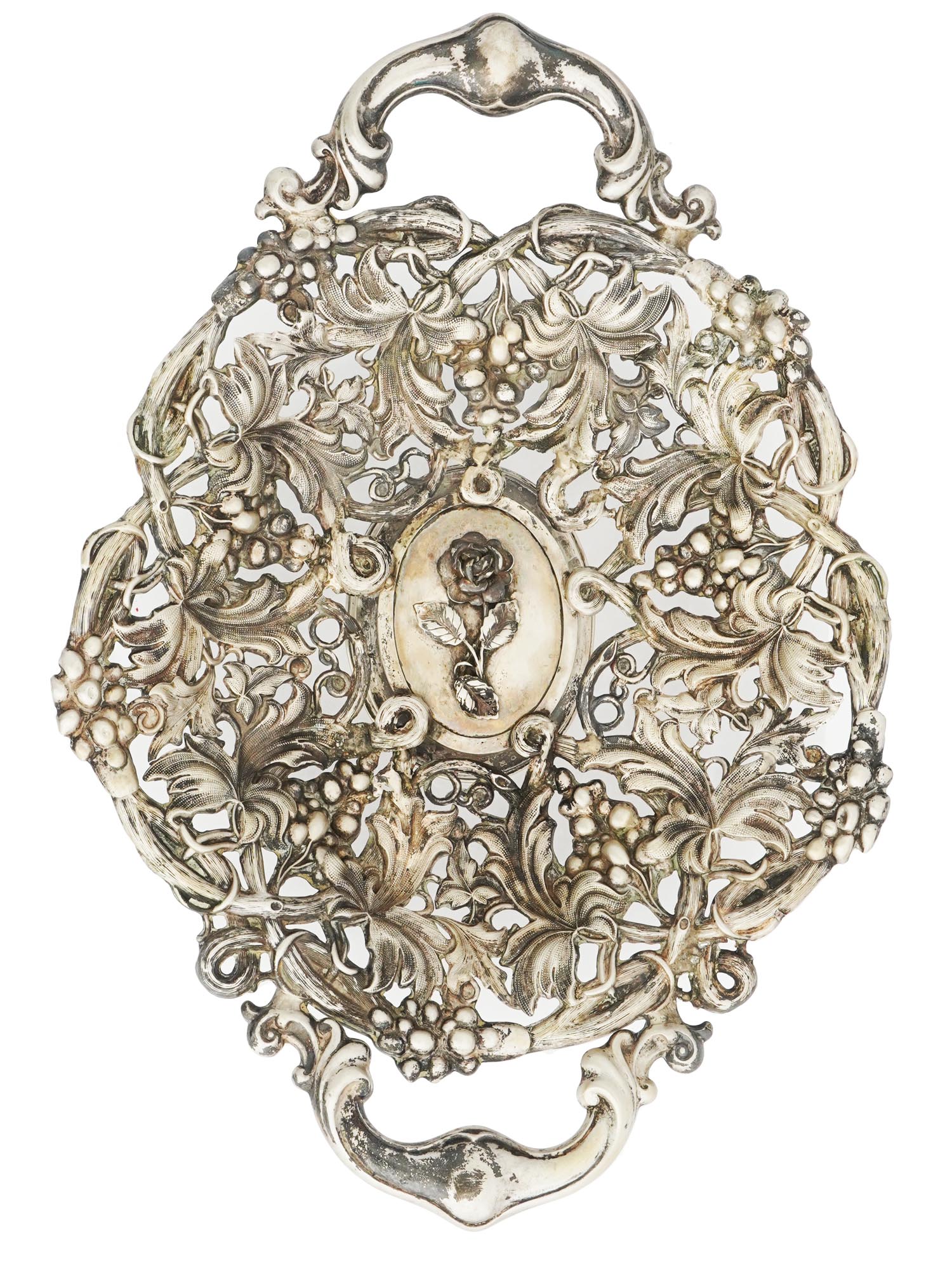 RUSSIAN SILVER GRAPEVINE EMBOSSED FRUIT BASKET PIC-0